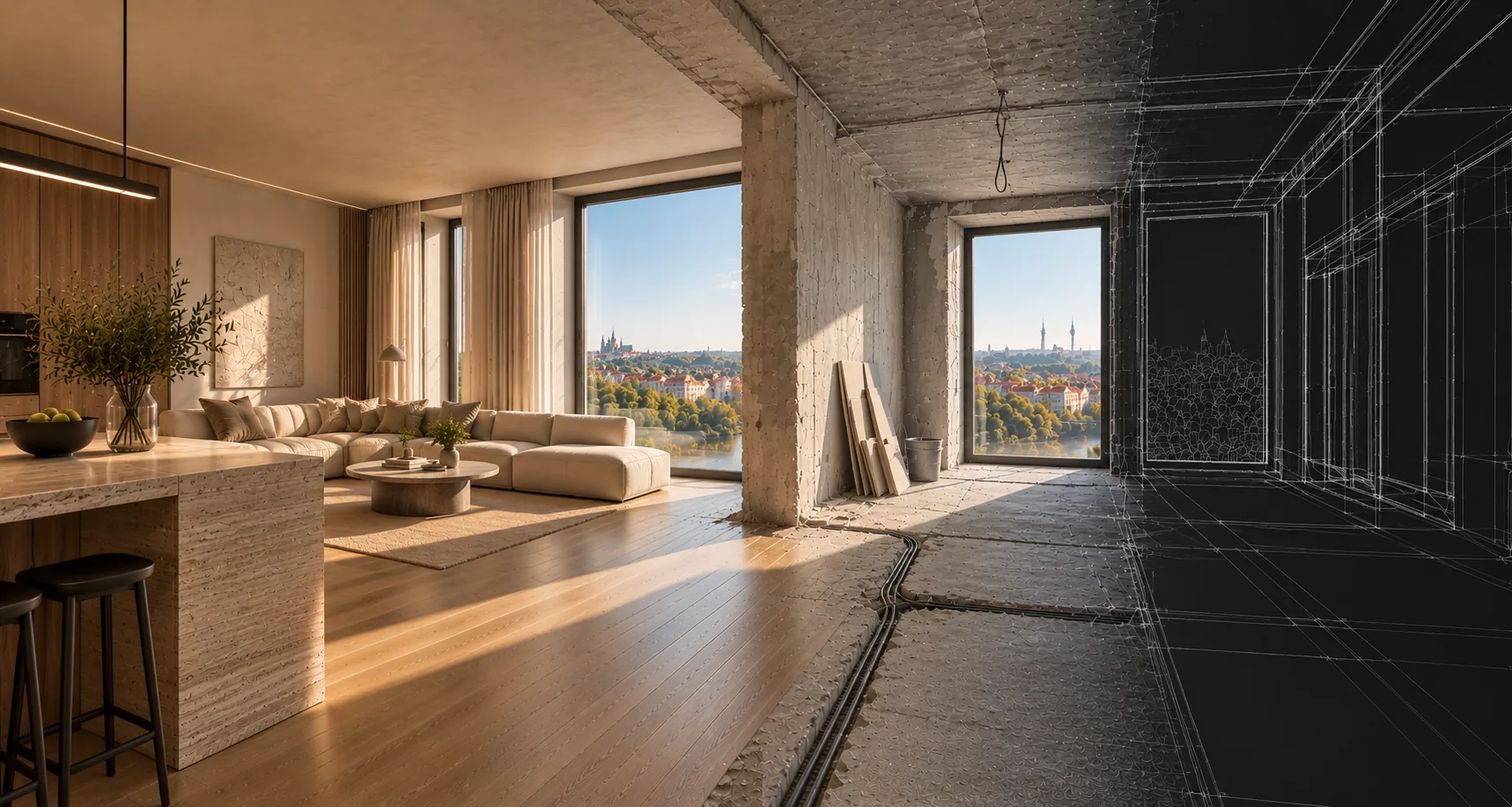 Vizualizace bytu s panoramatem Prahy v přechodu od drátěného modelu přes hrubou stavbu po dokončený interiér